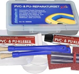 Reparaturset für PVC und PU in durchsichtiger Kunststoffbox, enthalten sind Kleber, Pinsel, Reparaturflicken und Schleifpapier für die schnelle Reparatur von aufblasbaren Gegenständen wie Matratzen, Booten und Pools.