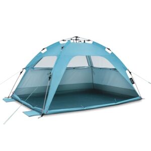 qeedo Quick Palm Strandmuschel mit UV80-Schutz, ideal für Strandtage mit Kindern. Das Bild zeigt das leicht aufbaubare Strandzelt in hellblauer Farbe, das gutes Raumangebot und Belüftung durch Netzmaterial bietet.