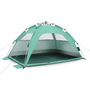 qeedo Quick Palm Strandmuschel in Türkisgrün mit UV80-Schutz für sicheren Sonnen- und Windschutz am Strand, ideal für Familien und Kinder.