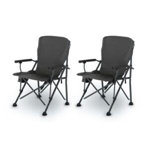 Zwei faltbare Campingstühle im Set, geeignet für Outdoor Aktivitäten, belastbar bis 150 kg, mit gepolsterten Armlehnen und Getränkehaltern.