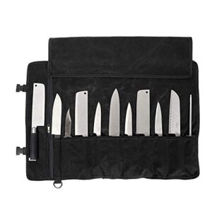 Schwarze Kochmesser Rolltasche mit 11 Slots, ideal für die sichere Aufbewahrung von Küchenwerkzeugen beim Camping oder Wandern.