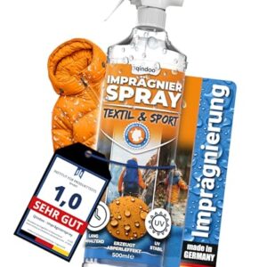 Qindoo Textil Imprägnierspray in transparenter Flasche für effektiven Schutz gegen Regen und Schmutz, ideal für Outdoor- und Sportbekleidung. Die Verpackung zeigt wasserabweisende Eigenschaften mit Piktogramm und Qualitätssiegel.