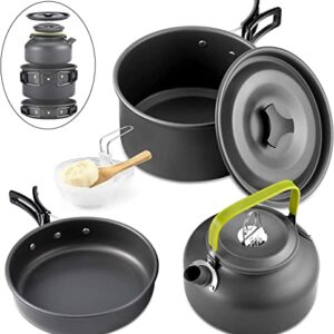 Qtiwe 10 Stück Camping Kochgeschirr Set, bestehend aus Töpfen, Wasserkocher und Zubehör für Outdoor-Aktivitäten wie Camping und Picknicks, kompakt und funktional.