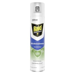 Raid Essentials Mückenschutz Raumschutz-Spray in einer schlanken Dose, die Mücken effektiv abwehrt und umweltfreundliche, pflanzenbasierte Wirkstoffe enthält.