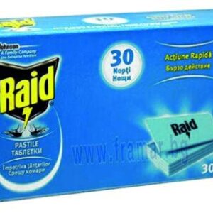 Packung des Raid Insektenvernichters für Nacht mit 30 Tabletten zur Bekämpfung von fliegenden und kriechenden Insekten.