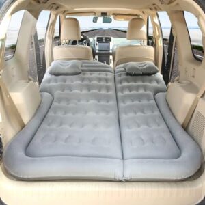 Aufblasbare Auto Luftmatratze von Rainpal im Innenraum eines Fahrzeugs, ideal für Reisen und Camping, inkl. grauer Matratze und Kopfkissen.