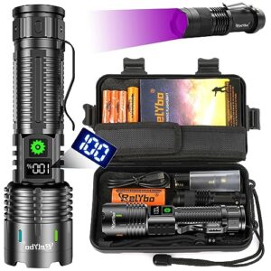 Extrem helle, wiederaufladbare LED-Taschenlampe mit digitaler Anzeige und robustem Design, ideal für Outdoor-Aktivitäten und Notfälle.