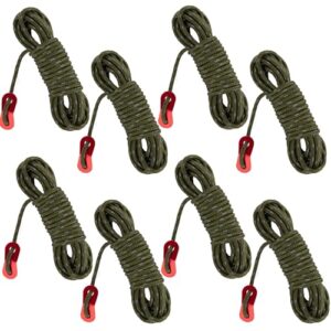 Set von acht reflektierenden Abspannseilen für Outdoor-Aktivitäten in militärischem Olivgrün mit roten Karabinern, ideal für Zelte, Markisen und Sonnensegel.