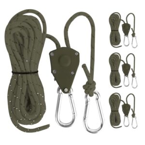 Set von 4 reflektierenden Abspannseilen mit Seilspanner für Camping, bestehend aus robusten, wetterbeständigen Materialien zur sicheren Befestigung von Zelten und Sonnensegeln.
