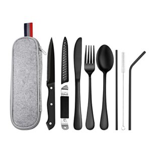 9-teiliges Edelstahl Reisebesteck Set für Camping und Outdoor mit eleganter Bestecktasche, inklusive Gabel, Messer, Löffel, Strohhalm und Reinigungsbürste.