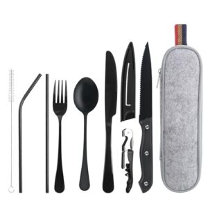 CTDMJ Reisebesteck 9-teilig in elegantem Schwarz, bestehend aus Gabel, Messer, Löffel, Trinkhalmen, Reinigungsbürste und Aufbewahrungsetui, ideal für Camping und Outdoor-Aktivitäten.