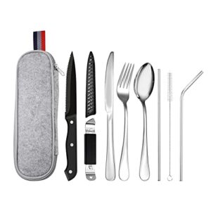 9-teiliges Camping Besteckset aus Edelstahl mit Aufbewahrungsetui für Outdoor-Aktivitäten.