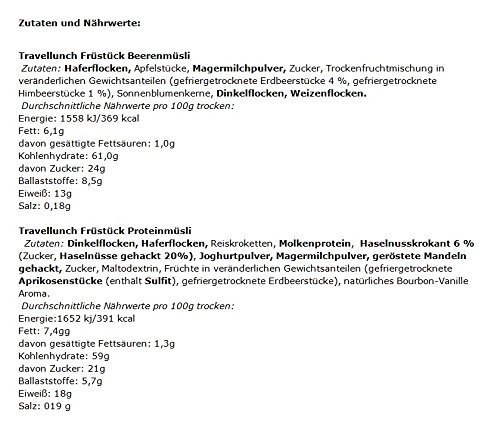 Reisemittagessen mit 6 kompletten Tagesrationen: 6 x 125 g Frühstück und 6 x 125 g Hauptgerichte in praktischen Verpackungen, ideal für Reisen und Outdoor-Aktivitäten.