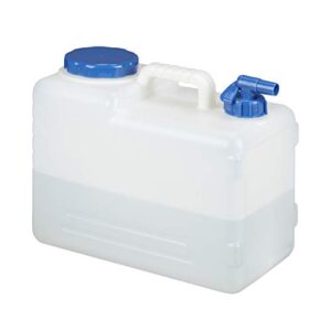 Weißer 15 Liter Wasserkanister mit drehbarem Ablasshahn und Schraubdeckel, ideal für Camping und Outdoor-Aktivitäten, aus BPA-freiem Kunststoff.
