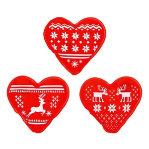 3er Set Rentier Snowflake Handwärmer in Herzform, rot mit winterlichen Motiven für warme Hände im Herbst und Winter.