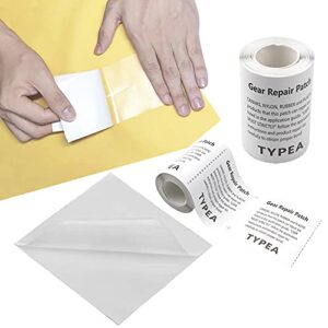 Bild eines Reparatur Patch Tape Sets mit einem transparenten selbstklebenden Flicken, der auf einem gelben Material angebracht wird. Das Set umfasst flexible und vielseitige Reparaturmaterialien für Risse und Löcher in verschiedenen Stoffen.