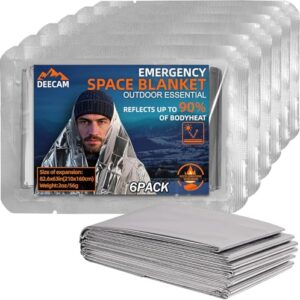 Sechs silberne Rettungsdecken in einer Verpackung, ideal für Erste-Hilfe und Outdoor-Aktivitäten, die Körperwärme reflektieren und vor Unterkühlung schützen.