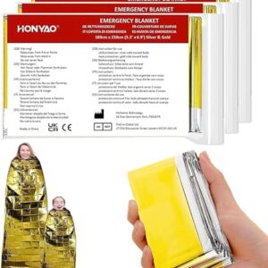 HONYAO Rettungsdecke 3er Set in Gold und Silber für Erste Hilfe, auf einem roten Hintergrund angeordnet, mit zwei Personen in silbernen Decken, die Wärme und Sicherheit ausstrahlen.