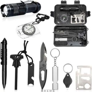 Rheme Survival Kit 10 in 1 mit Taschenlampe, Kompass und nützlichen Werkzeugen für Outdoor-Abenteuer und Notfallsituationen.