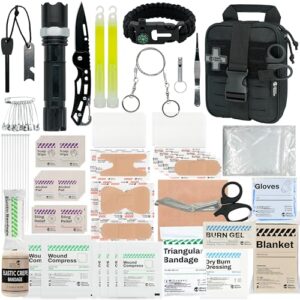 Umfangreiches Erste-Hilfe-Set mit Notfallwerkzeugen, bestehend aus medizinischen Materialien, Taschenlampe, Klappmesser und mehr, ideal für Outdoor-Aktivitäten und Notfälle