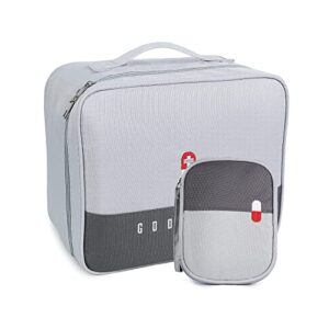 Zwei praktische Medikamententaschen in Grau, eine große und eine kleine, perfekt für die Aufbewahrung von Medikamenten und Erste-Hilfe-Materialien, wasserdicht und tragbar, ideal für Reisen und den Alltag.