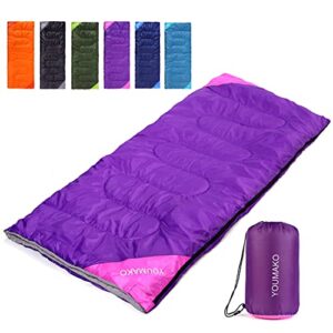 Leichter und wasserdichter Rucksack-Schlafsack in lila mit pinken Akzenten, geeignet für Erwachsene und Kinder, ideal für Wanderungen und Camping im Frühling, Sommer und Herbst.