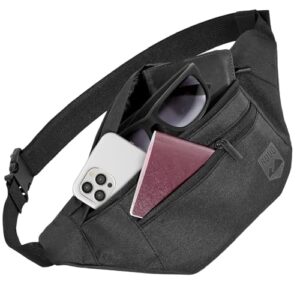 Moderne schwarze Bauchtasche mit vier Reißverschlussfächern, ideal für Damen und Herren, perfekt für Sport, Reisen und Alltag.
