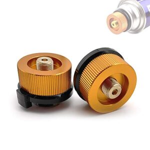 SUNFUA BBQ Herd Stecker Gas Adapter in Orange, ideal für Camping und Outdoor-Küche, zeigt zwei runde Adapter mit goldener Oberfläche und geriffelter Struktur für sicheren Griff und Verbindung.