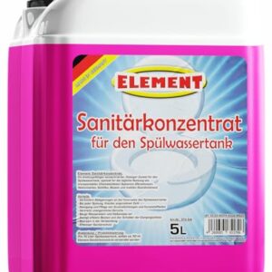 5-Liter Container mit Sanitärflüssigkeit für Spültank, ideal für Campingtoiletten, in auffälligem Design mit frischem Duft und Pflegeeigenschaften.