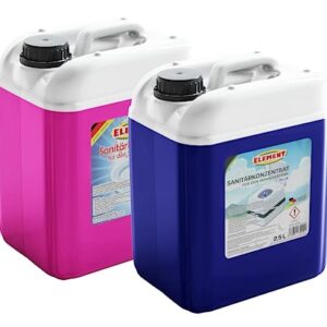 Set von 2 Behältern mit sanitärtechnischen Produkten in Pink und Blau für Campingtoiletten, jeweils 2,5 Liter, geeignet zur Geruchsbekämpfung und Abfallentsorgung.