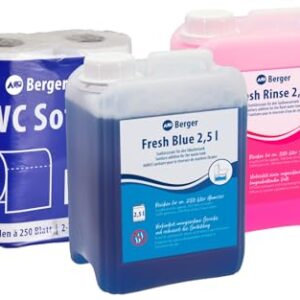 BERGER Sanitärzusatz Set mit Fresh Blue und Fresh Rinse für Campingtoiletten, inklusive umweltfreundlichem Toilettenpapier, auf einem hellen Hintergrund.