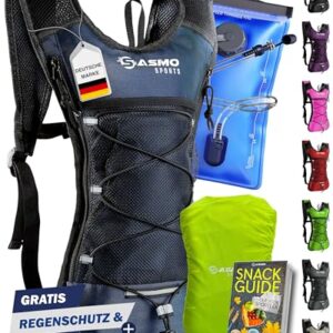 SASMO Trinkrucksack in Blau mit Thermofach, ultraleicht und ideal für Laufen und Radfahren, ausgestattet mit 2-Liter-Trinkblase und Reflektoren für Sicherheit bei Dämmerung.