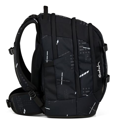 Ergonomischer satch Pack Rucksack in Schwarz mit Ninja Matrix Design, 30L Stauraum, ideal für Schüler ab der 5. Klasse, mit reflektierenden Elementen für Sicherheit.