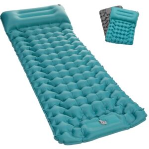 Selbstaufblasende wasserdichte Isomatte in Aqua-Blau mit Kopfstütze, ideal für Camping und Outdoor-Aktivitäten.
