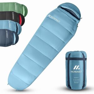 NORDMUT Schlafsack Outdoor für 4 Jahreszeiten in hellblauer Farbe, ideal für Camping, Trekking und Reisen mit kompaktem Design und optimaler Wärmeisolierung.