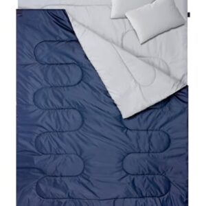 Doppelschlafsack für Outdoor-Aktivitäten, ideal für Camping und Übernachtungen, in elegantem Design mit einer weißen und dunkelblauen Farbgebung, ausgestattet mit zwei Kissen und einem Kompressionssack.