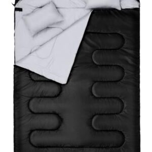 Sportneer Doppelschlafsack für zwei Personen, 220x150 cm, mit zwei Kissen und vier Doppel-Zippern, ideal für Camping und Familienabenteuer in der Natur.