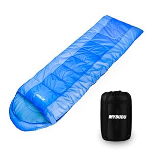 Blauer Schlafsack für Erwachsene und Kinder, geeignet für 4 Jahreszeiten, präsentiert zusammengelegt und offen, mit abgerundeten Ecken und kompaktem Aufbewahrungsbeutel, ideal für Camping und Outdoor-Aktivitäten.