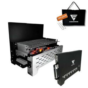 SCHNEIDERFREUDE Klappgrill 2.0 - Höhenverstellbarer, tragbarer Holzkohlegrill mit Doppelfunktions-Zangen und Tragetasche für BBQ im Freien.