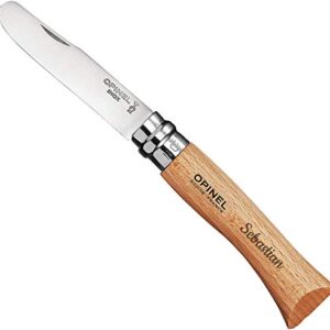 OPINEL Schnitzmesser für Kinder mit abgestumpfter Klinge und ergonomischem Holzgriff, personalisiert mit Lasergravur. Ideal für kleine Hände und kreative Bastelprojekte.