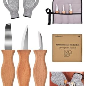 Kinderschnitzmesser Set für kreative Holzarbeiten, inklusive schnittfester Handschuhe und ergonomischen Holzgriffen, ideal für Kinder ab 6 Jahren.
