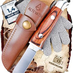 Schnitzmesser Set für Kinder mit hochwertigem Taschenmesser, schnittfesten Handschuhen und eleganter Lederscheide, ideal für kreative Aktivitäten im Freien.