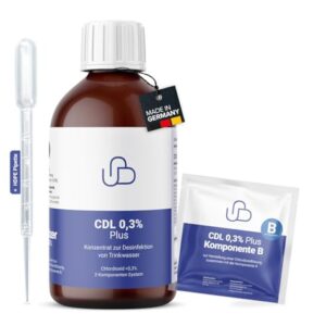 Schweizer Naturals CDL 0,3% Plus Chlordioxid Konzentrat zur effektiven Desinfektion von Trinkwasser, bestehend aus einer braunen Glasflasche, Komponente B in einem Sachet und einer Dosierpipette, hergestellt in Deutschland.