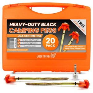 20er-Pack schwere Zeltheringe aus verzinktem Metall für Camping und Outdoor-Aktivitäten, inklusive einem praktischen Aufbewahrungskoffer und Spezialwerkzeug zum einfachen Einsatz auf harten Böden.