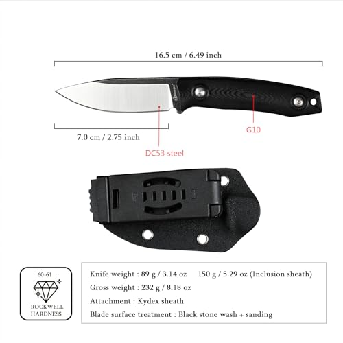SDOKEDC DC53 Stahl Outdoor Messer mit feststehender Klinge, G10 Griff und Kydex Scheide ideal für Jagd, Camping und Survival.