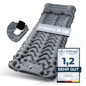 Selbstaufblasende Camping-Isomatte in Grau mit einer Höhe von 10 cm, ideal für Outdoor-Aktivitäten wie Camping, Wandern und Zeltübernachtungen.
