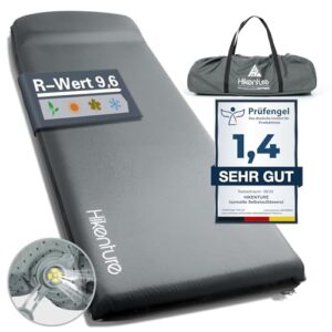 Selbstaufblasende Isomatte mit 8 cm Dicke für Camping und Outdoor-Aktivitäten, grau mit R-Wert 9.6 und Qualitätsprüfungssiegel.