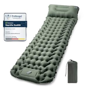 CALIYO selbstaufblasende Isomatte in olivgrün mit integriertem Kopfkissen, ultraleicht und wasserdicht, ideal für Camping und Outdoor-Abenteuer.