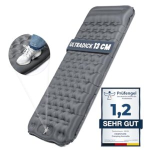 Selbstaufblasende ultradicke Isomatte in Grau mit 13 cm Dicke und ergonomischem Kissenbereich, ideal für Camping und Outdoor-Aktivitäten.