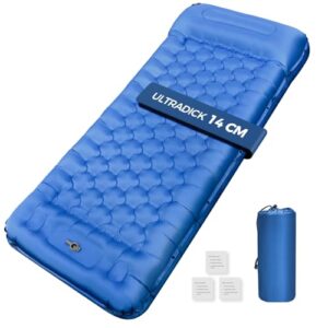 Selbstaufblasende Isomatte in Blau mit 14 cm Dicke, ideal für Camping, Wandern und Outdoor-Aktivitäten, ausgestattet mit Kopfbereich und rutschfester Oberfläche.